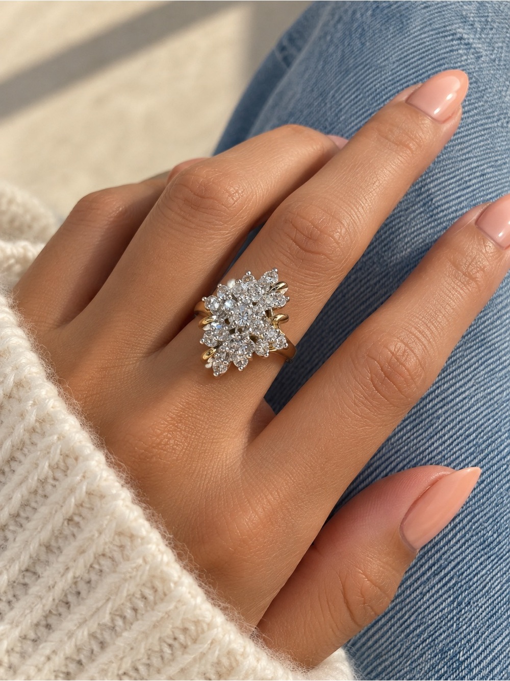 Vintage Gold Tone Starburst Cluster Ring with Clear Stones